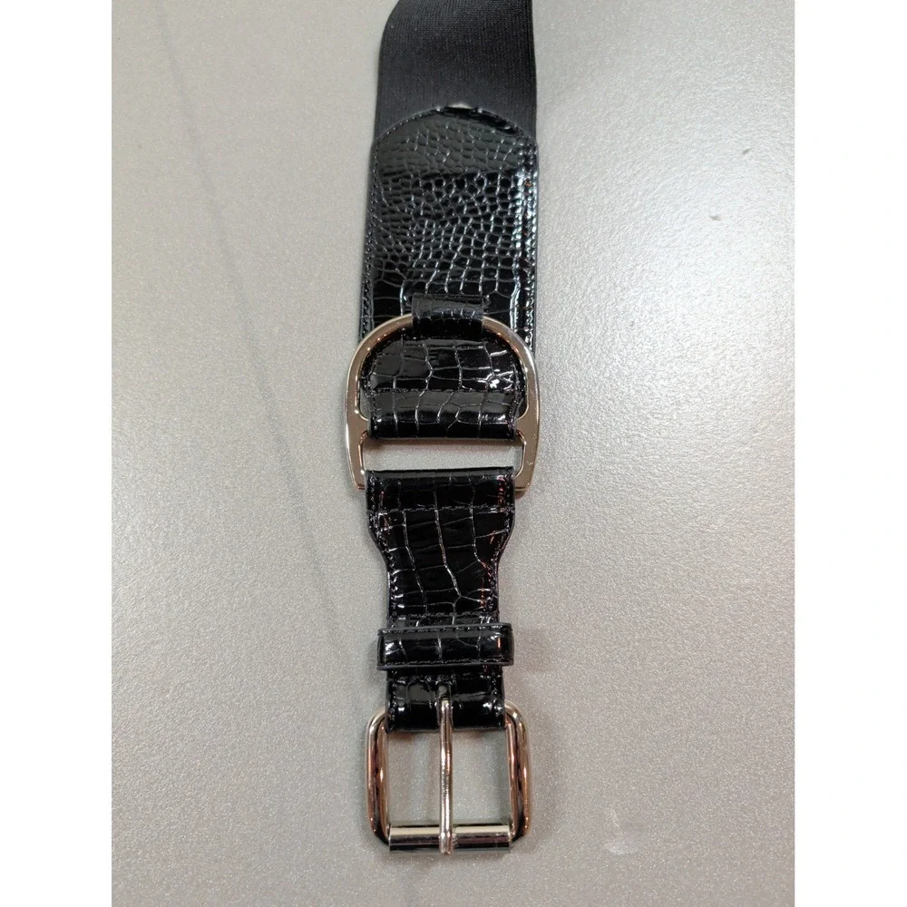 Black Croc Embossed Wide Elastic Waist Belt Silver Buckle BE1071‎ ML